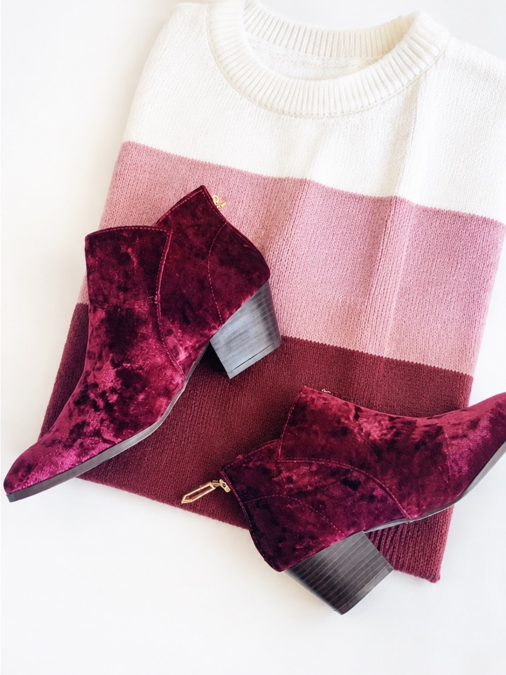 Wine velvet block heel almond toe ankle bootie